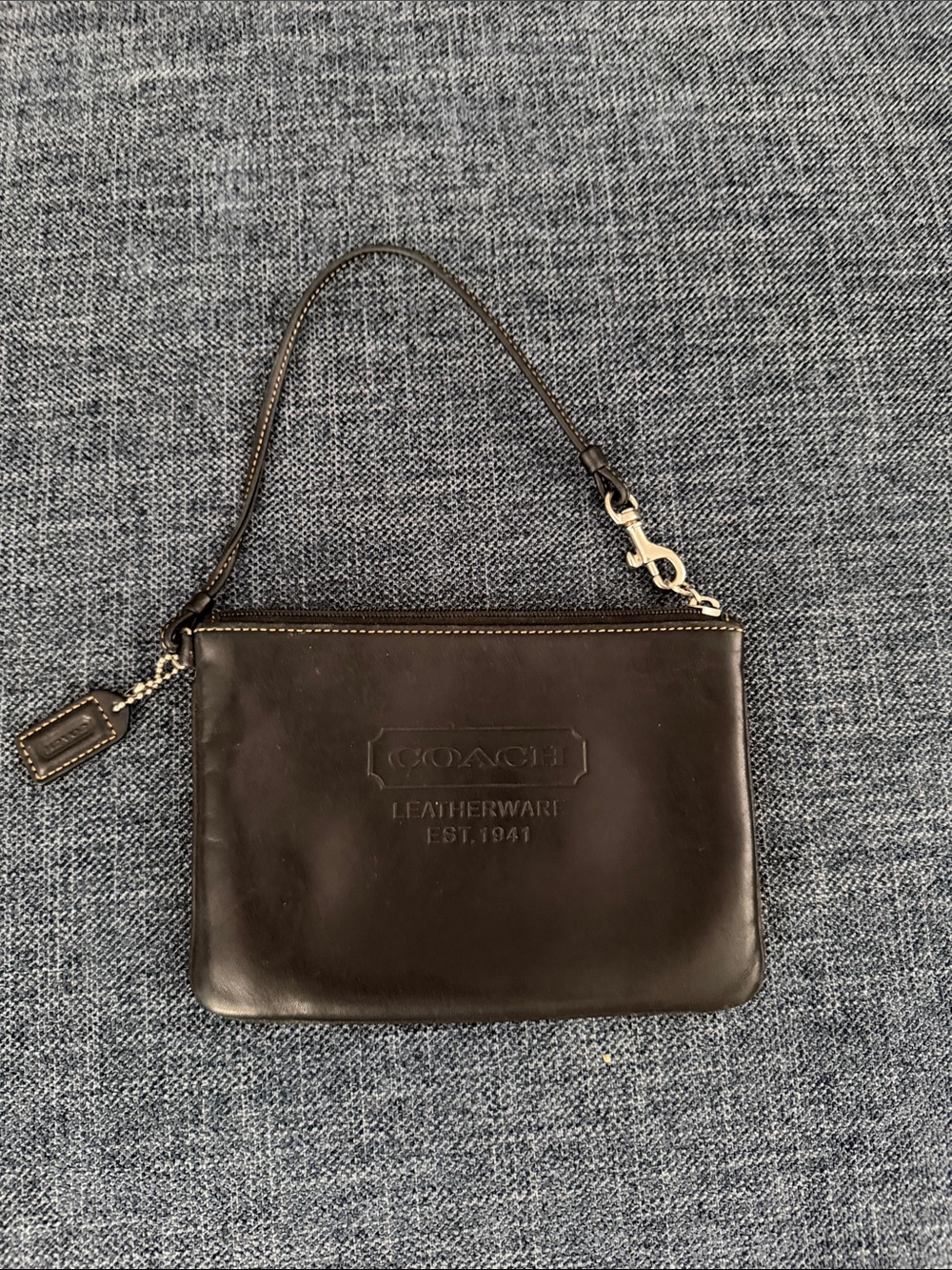 Coach Black Leather Wristlet with Silver Hardware